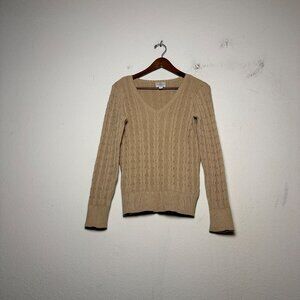 St John Bay Sweater Women M Tan Ribbed V Neck Knit Pattern Cozy Slim Fit Stretch